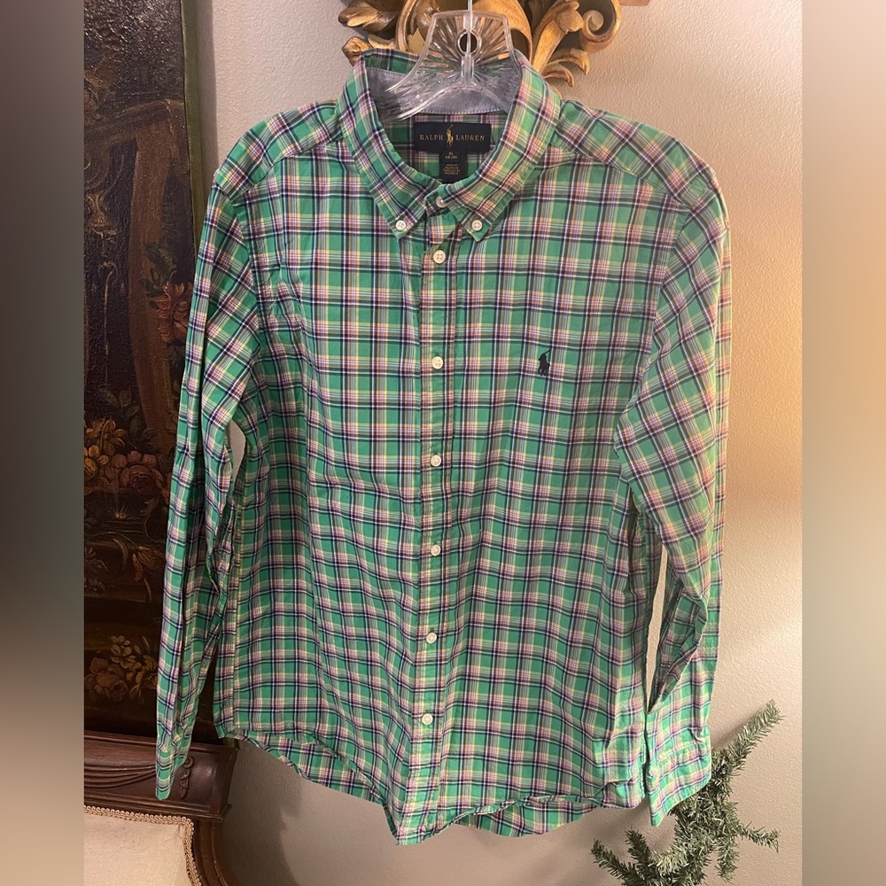 Ralph Lauren size 18-20 boys plaid button down long sleeve green polo Youth XL